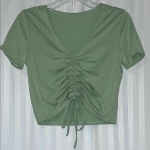 Green Ruched V-Neck Women's Cropped Top w/ Adjustable Length